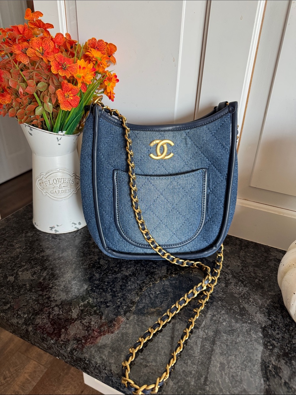 Fashion Inspired Denim Quilted Shoulder Bag with Gold Chain